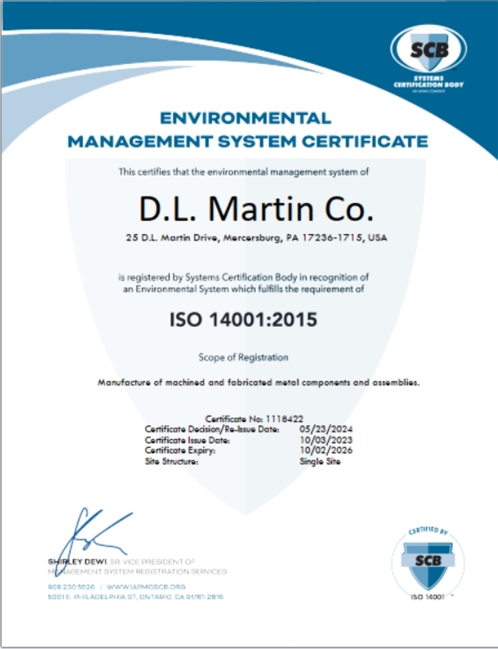 Photo of ISO 14001-2015 EMS Certificate