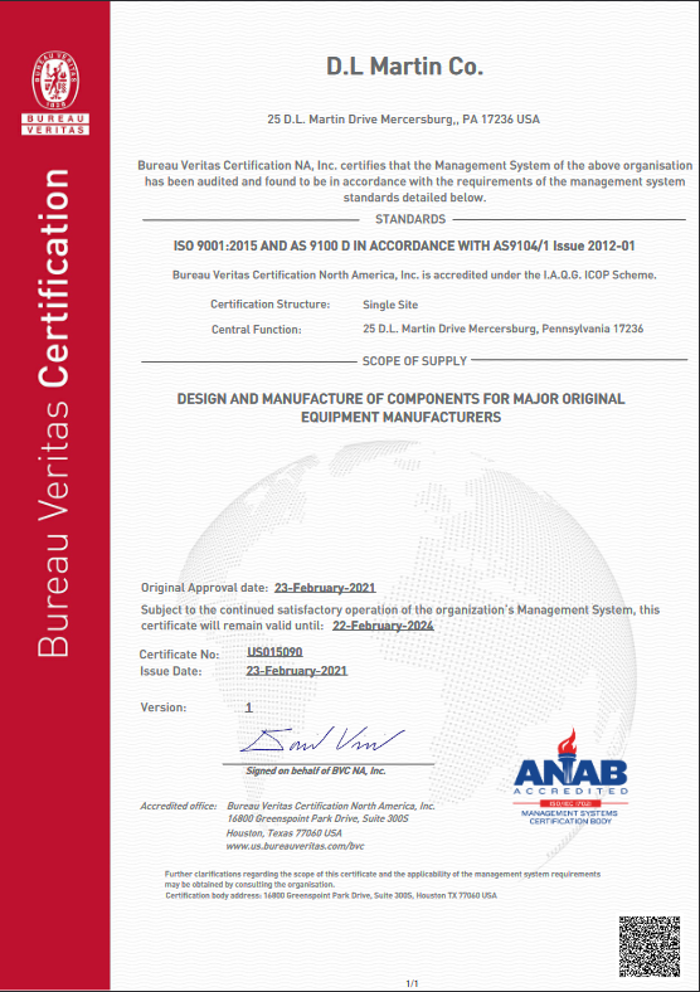 Photo of DLM WEST ISO 9001-2015 AS9100D Certificate