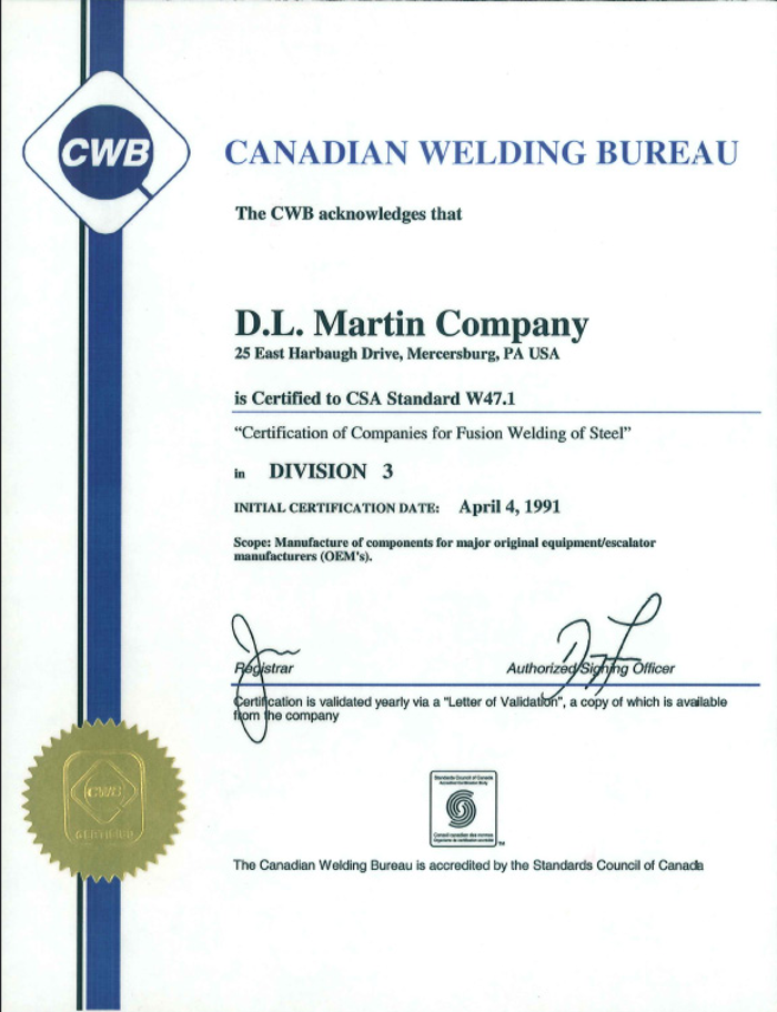 Photo of Canadian Welding Bureau Certificate