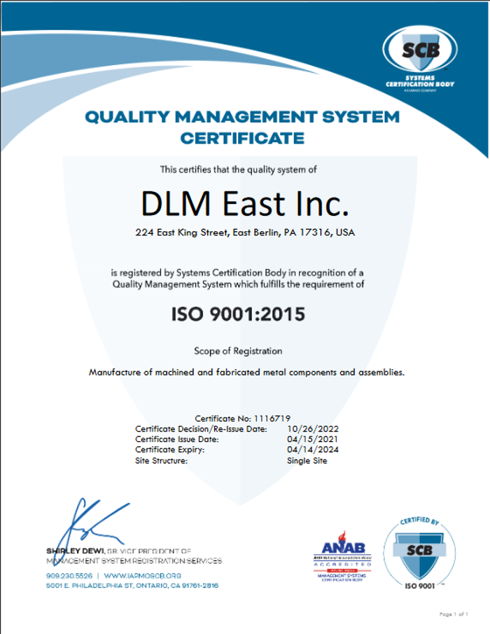 Photo of DLM East Berlin ISO 9001:2015 Certificate